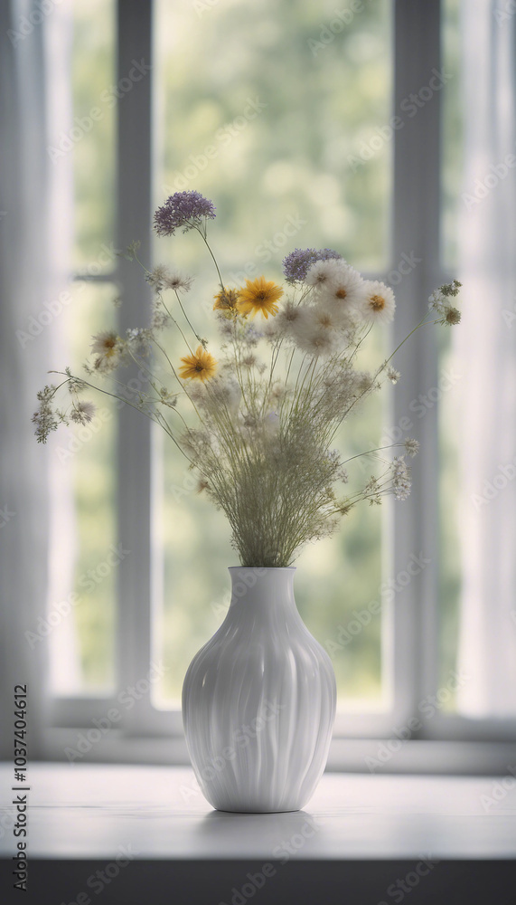 Poster vertical image of white wooden table next to a window with vase with wild flowers minimalist interio