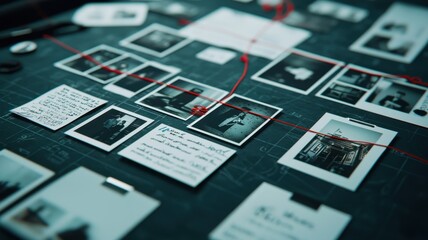 A flat lay of photographs, notes, and red string arranged on a table, suggesting a detective or investigative theme.