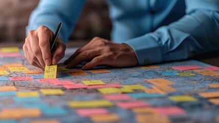 A person places colorful sticky notes on a map, highlighting various locations with a focused look.
