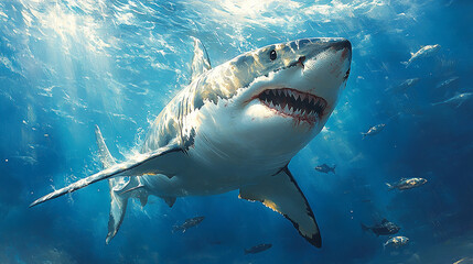 Fototapeta premium A large white shark is in the ocean, with other fish visible.