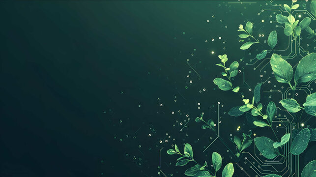 internet technological essence circuit pattern minimalism tiny plants vector graphics dark mint colors lots of copy space on the left