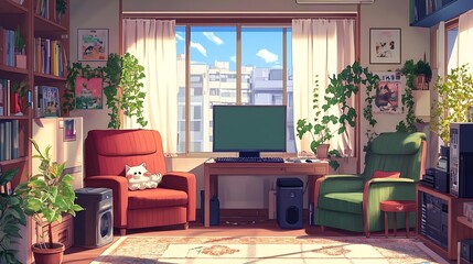 Cozy Living Room with Cat  Plants  and City View