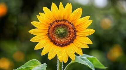 Bright Sunflower Bloom with Dew Drops in Nature