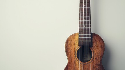 A beautifully crafted ukulele with a wooden finish, positioned against a simple, light-colored background.