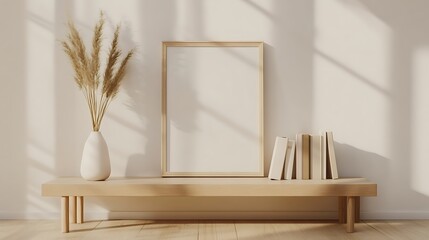 A minimalist interior with a blank picture frame, a white vase filled with dried grasses, and books resting on a wooden bench.