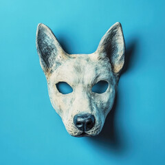 A dog half mask displayed against a blue background highlighting quadrobics and subculture elements