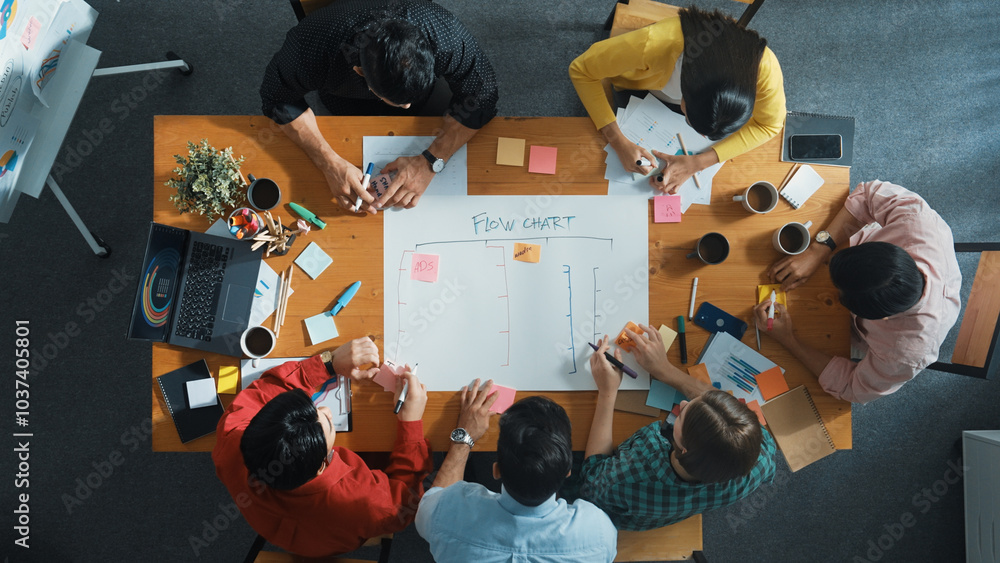 Poster top down aerial view of business team making scrum task board at meeting room. group of people writi