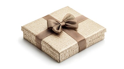 Small decorative gift box with a satin bow, placed in the center of a white background