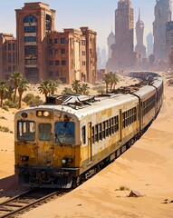 Obraz premium Train Journey Through Dusty Desert Landscape