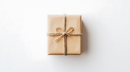 Small gift box wrapped in brown kraft paper with twine bow, isolated on a white background