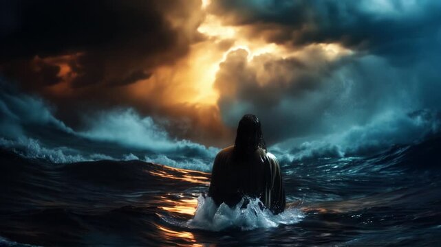 
This powerful image captures jesus christ walking on turbulent waters during a dramatic thunderstorm. He is depicted in prayer, showcasing unwavering faith despite the chaos around him.
