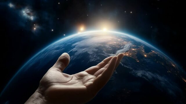 The hand reaches towards the planet Earth. According to the Book of Genesis, God Created the Universe by Sweeping Over the Waters and Declaring, 'Let There Be Light,' Bringing the First Illumination i