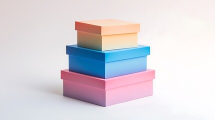 Three-tiered stack of gift boxes in gradient colors, neatly arranged on a white background
