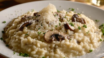A mouthwatering plate of Italian risotto ai funghi, creamy risotto cooked with mushrooms, garlic