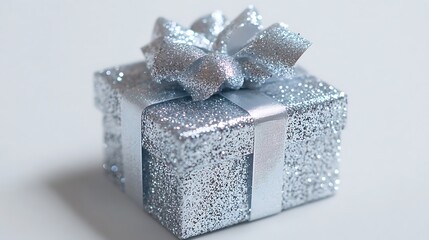 Close-up of a glitter-covered gift box with a silver ribbon, set on a white background