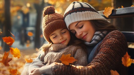 Obraz premium A mother and daughter in cozy knit sweaters and hats, sitting together on a park bench surrounded by fall leaves.