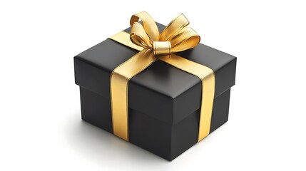 Obraz premium Elegant black gift box with a gold ribbon, centered on a white background