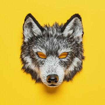 Furry half mask of a wolf isolated against a bright yellow background, showcasing unique subculture aesthetics