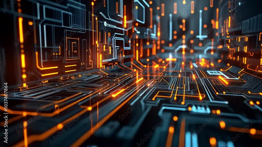 Fototapete Glowing orange and blue lines create intricate patterns in a dark, technological space, showcasing a vibrant digital circuit design that reflects innovation and modernity.