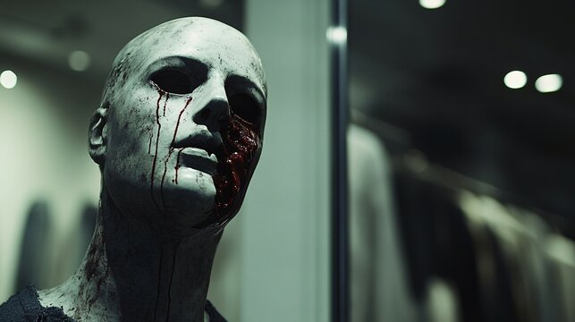A bloody and mutilated mannequin head stares with vacant eyes