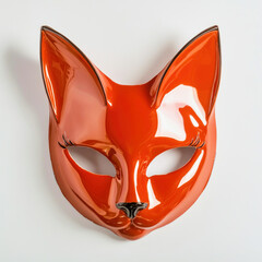 A striking half mask of a red cat designed for quadrobics performances in contemporary subculture environments