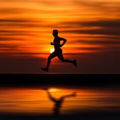 Dynamic runner against a vibrant sunset reflection