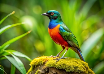 Obraz premium Vibrant Colorful Bird on a Rock Surrounded by Lush Green Grass - Nature Photography