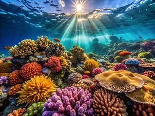 Obraz premium Vibrant Coral Reef Thriving on Ocean Floor in Crystal Blue Waters