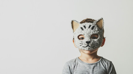 Little boy in a half cat-head mask posing with a playful expression against a white background in a studio setting