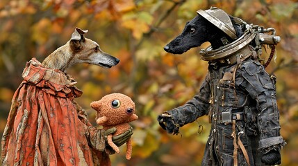 Obraz premium Alien Encounter: Our astronaut dog meeting a plush alien toy. Their expressions suggest both curiosity and caution. 