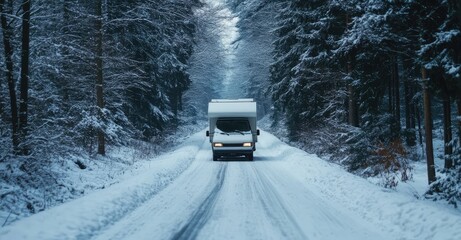 White motorhome on snow-covered road in winter forest. AI generated illustration.