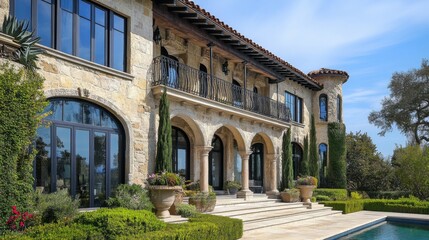 Fototapeta premium Elegant Stone House with Pool and Lush Landscape