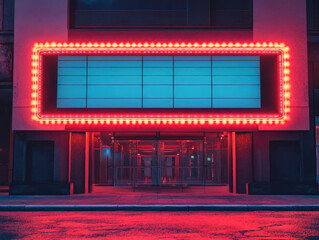 A theater exterior featuring bright neon lights and a large blank marquee, creating an inviting atmosphere for guests.