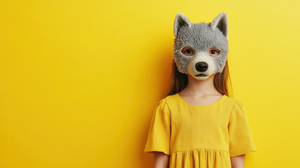Little girl in a furry dog-head mask stands against a bright yellow background in a creative studio setting