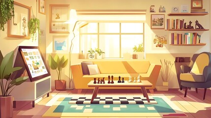 Cozy Living Room with Chessboard  Sofa  Armchair  and Sunlit Window