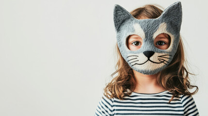 A little girl wearing a half cat-head mask poses playfully in a studio setting with soft lighting and a white background