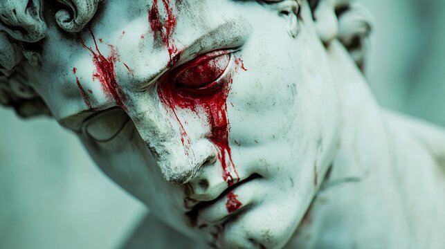 A Close-Up of a Bloody, Weathered Marble Statue