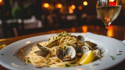 A mouthwatering plate of Italian spaghetti alle vongole, pasta with fresh clams, garlic