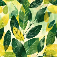 Abstract Green and Yellow Leaves Seamless Pattern for Fabric Design and Textile.