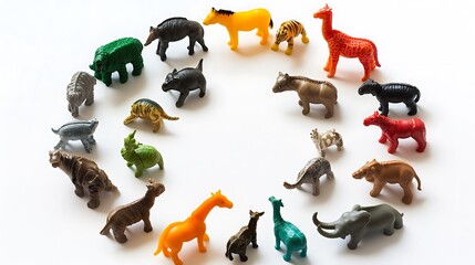 Small plastic toy animals arranged in a circle on a white backdrop