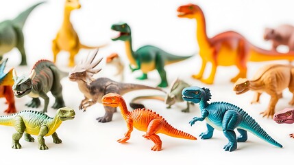 Naklejka premium Toy dinosaurs of different species arranged on a white background