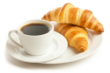 fresh pastries for breakfast. two golden croissants and a hot drink. a light composition.