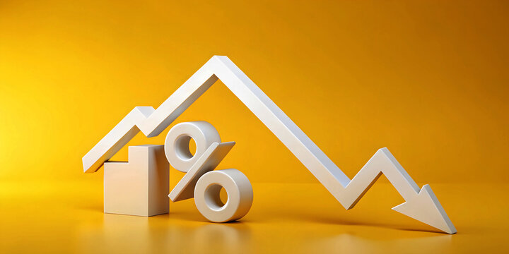 3D Chart arrow with percent icon on yellow background. Falling interest rates.