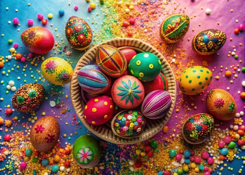 Vibrant Long Exposure of Traditional Cascarones with Confetti in Pastel Colors for Easter Celebrations