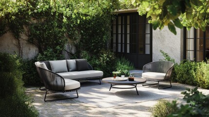 Elegant Outdoor Lounge with Modern Furniture and Greenery