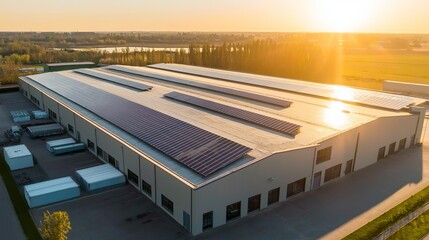 modern factory with solar panels on its roof
