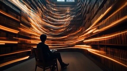 A person sitting in an empty library with swirling books and chaotic lines symbolizing information overload.