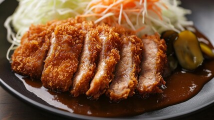 A mouthwatering plate of Japanese katsu curry with crispy breaded pork cutlet, served with Japanese curry sauce and steamed rice, Katsu curry plate centered