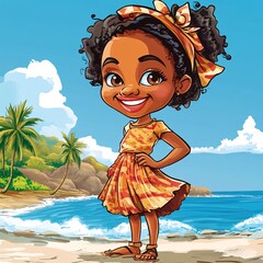 Cartoon girl in a Malagasy lambahoany, standing by the beach with a big smile
