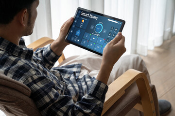 Smart home technology, centric remote control system with digital dashboard for air conditioning, safety security network or house automation. App software, ui panel programming IOT monitor snugly